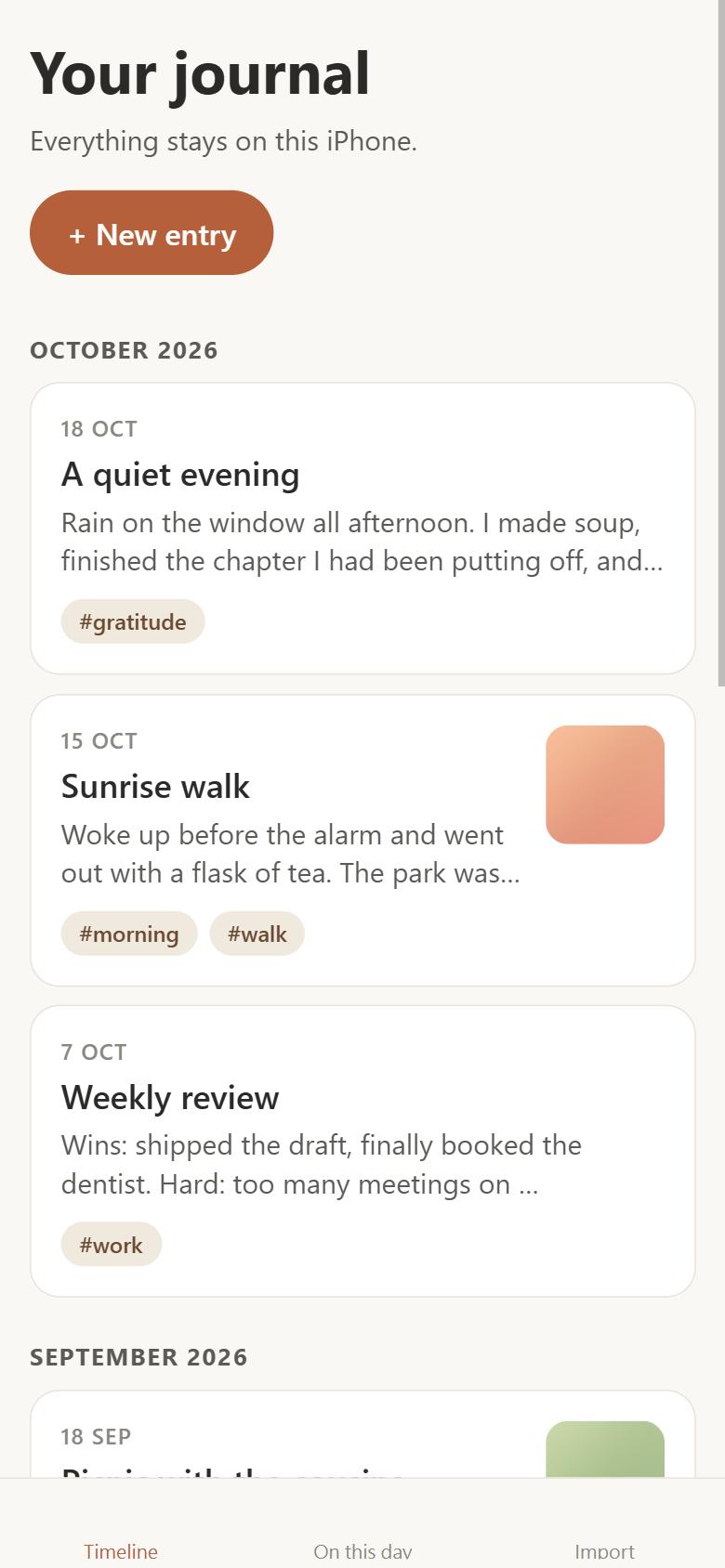Hearthpage timeline of journal entries