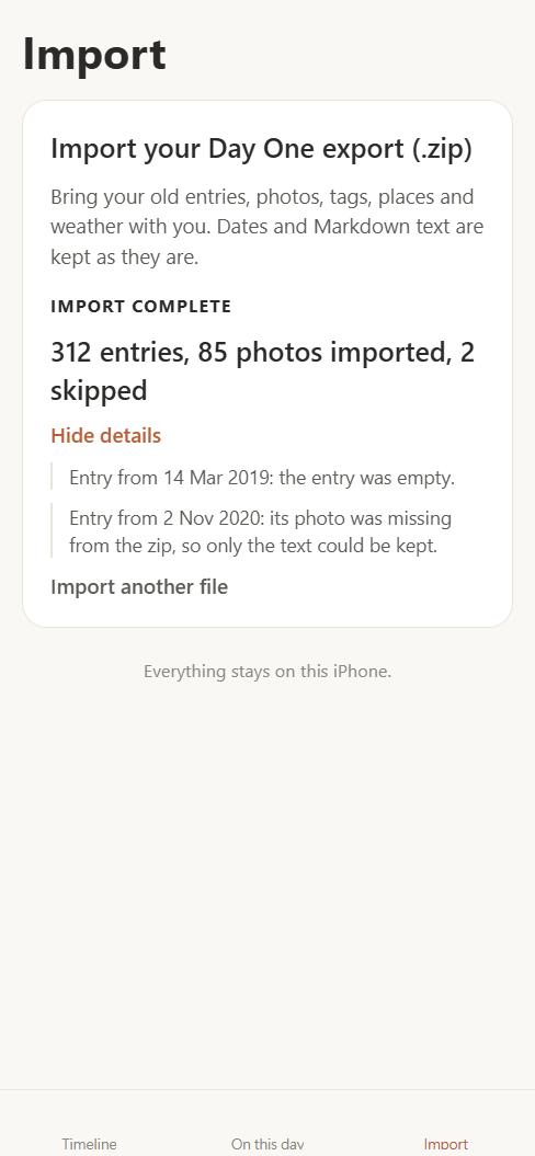 Hearthpage import screen for a Day One export
